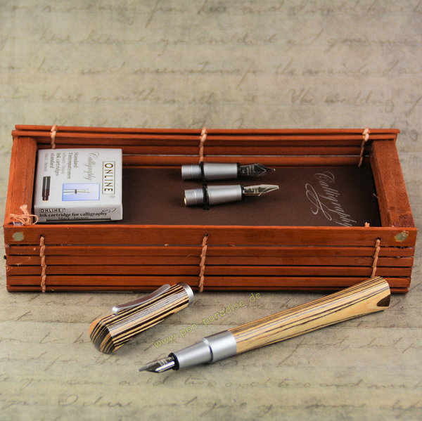 Kalligrafie-Set Online Newood Holz mit 3 Federn